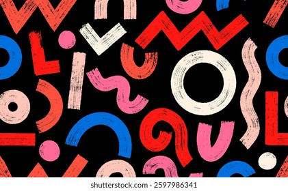 Geometric Seamless Pattern. Seamless Abstract Vector Colored Pattern. Template Grunge Straight Brush Stroke, Bold, Circles, Zigzag Lines. Hand Drawn Ink Illustration In 80-90s Style Seamless Pattern.