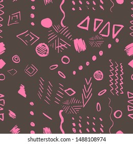 geometric seamless pattern. Abstraction in memphis style. black and white.Pink circle, triangle, rhombus and other shapes on a dark gray background