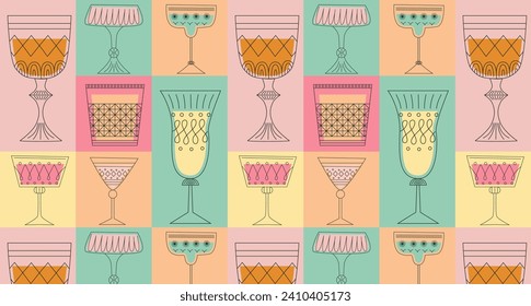 Geometric seamless pattern with alcoholic cocktails in glasses of different shapes. Drinks in different types of vintage glasses. Modern design for greeting cards, posters, wrapping, pack paper.