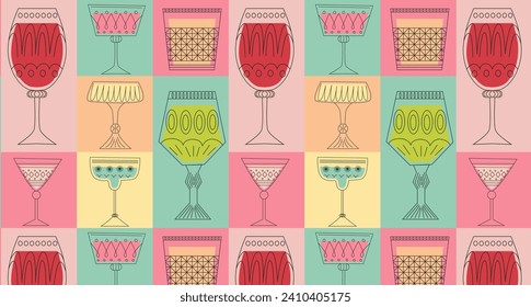 Geometric seamless pattern with alcoholic cocktails in glasses of different shapes. Drinks in different types of vintage glasses. Modern design for greeting cards, posters, wrapping, pack paper.