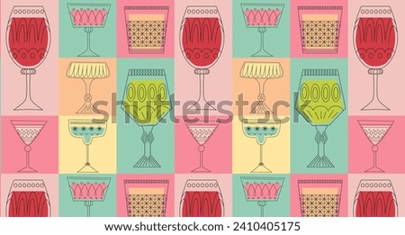Geometric seamless pattern with alcoholic cocktails in glasses of different shapes. Drinks in different types of vintage glasses. Modern design for greeting cards, posters, wrapping, pack paper.