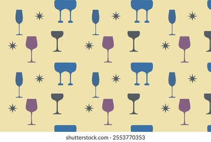 Geometric seamless pattern with alcoholic glasses of different shapes. Drinks in different types of vintage glasses. Modern design for greeting