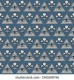 Geometric seamless pattern with All-seeing eye inside triangle pyramid and fleur de lys. Vector background with hand-drawn Eye of Providence and heraldic lily in vintage style on a grey backdrop