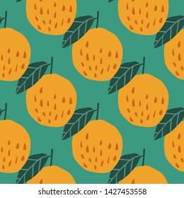 Geometric seamless pattern with apples and leaves on green background. Hand drawn apples backdrop. Design for fabric, textile print, wrapping paper, children textile. Vector illustration