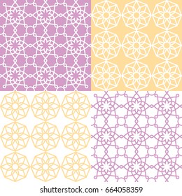 Geometric seamless pattern, Arabic ornament style, tiled design in purple and yellow