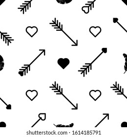 Geometric seamless pattern with arrows and hearts.