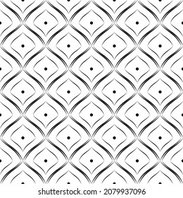 Geometric seamless pattern. Art deco backdrop. Repeating abstract black line and dot on white background. Repeated geometry patern for design prints, tiles. Monocrome lattice. Vector illustration