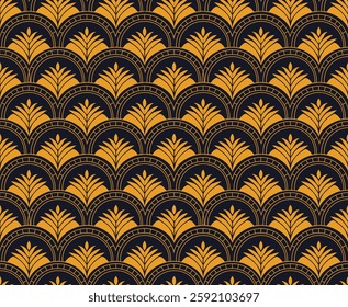 Geometric seamless pattern. Art Deco pattern background. Geometric decorative with leaf texture. Retro Black background. Ornament for fabric, wallpaper, packaging, Decorative print