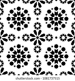 Geometric seamless pattern Azulejos tiles, Portuguese black tile design, repetitve abstract background.
Repetitive monochrome wallpaper background inspired by ceramic tiles, mosaic 