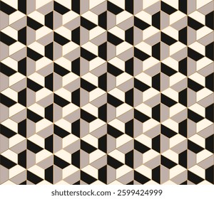Geometric seamless pattern background with 3D cubes in black, grey, and cream, creating an optical illusion
