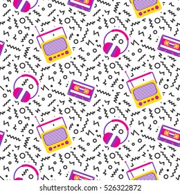Geometric seamless pattern background with analogue player, cassette, radio, in retro 80s-90s style. Memphis trendy art. Abstract poster, surface, card design