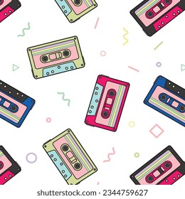 Geometric seamless pattern background with audio cassette in retro 80s-90s style. Memphis trendy art. Abstract poster, surface, card design.