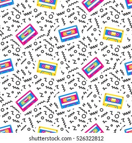 Geometric seamless pattern background with audio cassette in retro 80s-90s style. Memphis trendy art. Abstract poster, surface, card design