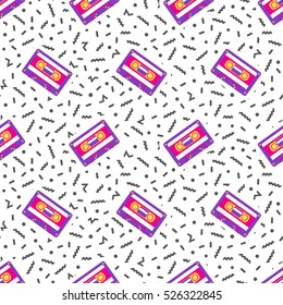 Geometric seamless pattern background with audio cassette in retro 80s-90s style. Memphis trendy art. Abstract poster, surface, card design
