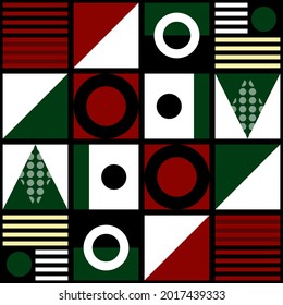 Geometric seamless pattern background. Circle, triangle, and square. Christmas color theme. Christmas pattern concept for wrapping paper, fabric, print, wallpaper, textile. Vector illustration.