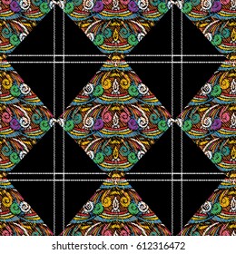 Geometric seamless pattern background with colorful  grunge arras rhombus, lines, cage, stripes. Vector texture with embroidery effect. For prints, fabric, textile, wallpaper, illustration.