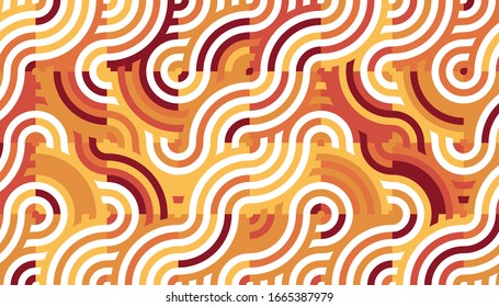 geometric seamless pattern background composed by a sequence of overlapped waves, circles and squares with different warm colors. Repetitive geometric theme.
