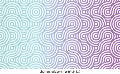 geometric seamless pattern background composed by a sequence of overlapped waves, circles and squares with different cold colors. Repetitive geometric theme.