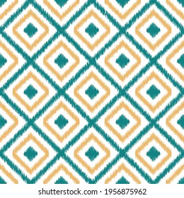 Geometric Seamless Pattern Based on Ikat Fabric Style with Teal, Yellow Diagonal Square Shapes on White Background.