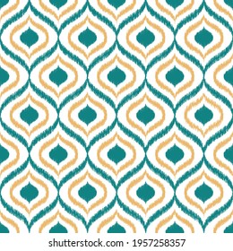 Geometric Seamless Pattern Based on Ikat Fabric Style with Teal, Yellow Ogee Shapes on White Background. Ethnic Vector for Textile, Wallpaper, Home decor, Apparel, Carpet,Curtains-Bedding-Pillows