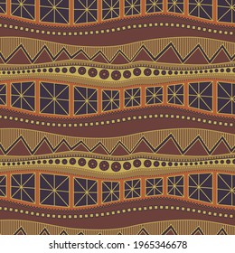 Geometric seamless pattern based on African ornaments in brown tones. Wavy lines with different patterns replace each other.