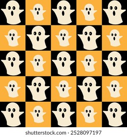 Geometric seamless pattern Bauhaus Halloween of abstract modern shapes with horror holiday characters.