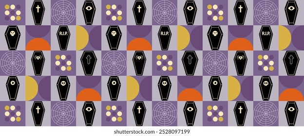 Geometric seamless pattern Bauhaus Halloween of abstract modern shapes with horror holiday characters.