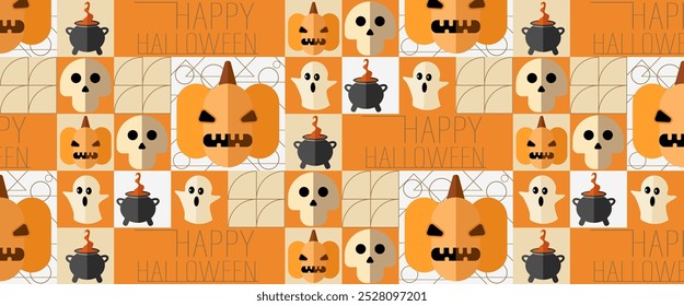 Geometric seamless pattern Bauhaus Halloween of abstract modern shapes with horror holiday characters.