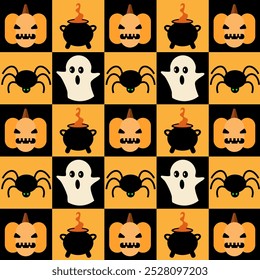 Geometric seamless pattern Bauhaus Halloween of abstract modern shapes with horror holiday characters.