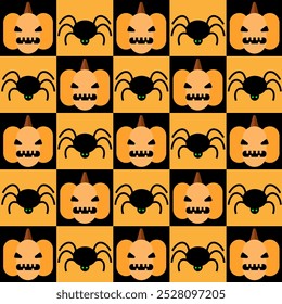 Geometric seamless pattern Bauhaus Halloween of abstract modern shapes with horror holiday characters.