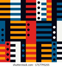 Patrón geométrico sin fisuras. Fondo de estilo Bauhaus. Impresión de cuadrícula modular. Estriba, línea, círculo, rectángulo, adorno de bloque. Papel pintado de geo contemporáneo de moda. Diseño vectorial abstracto moderno