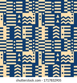 Geometric seamless pattern. Bauhaus style background. Modular grid print. Stripe, line, arrow, circle, rectangle, block ornament. Trendy contemporary geo wallpaper. Modern abstract vector design