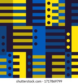 Geometric seamless pattern. Bauhaus style background. Modular grid print. Straight stripe, line, circle, rectangle, block ornament. Trendy contemporary geo wallpaper. Modern abstract vector design
