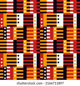 Geometric seamless pattern. Bauhaus style background. Modular grid print. Straight stripe, line, circle, rectangle, block ornament. Trendy contemporary geo wallpaper. Modern abstract vector design