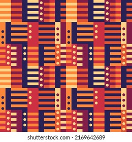 Geometric seamless pattern. Bauhaus style background. Modular grid print. Straight stripe, line, circle, rectangle, block ornament. Trendy contemporary geo wallpaper. Modern abstract vector design