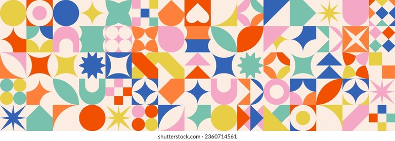 Geometric seamless pattern in bauhaus style. Colorful abstract shapes background in swiss style. Vector illustration.