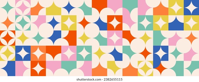 Geometric seamless pattern in bauhaus style. Colorful abstract shapes background in swiss style. Vector illustration