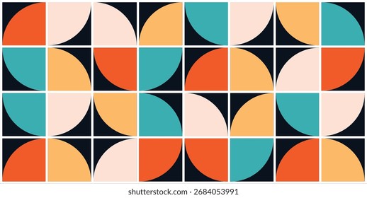 Geometric seamless pattern in Bauhaus style with vibrant colors and shape on dark background. vector ilustration
