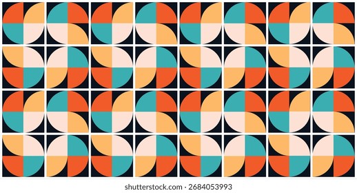 Patrón geométrico sin fisuras en estilo Bauhaus con colores vibrantes y forma sobre fondo oscuro. ilustración de Vector