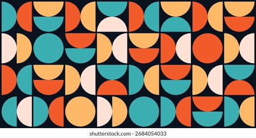 Geometric seamless pattern in Bauhaus style with vibrant colors and shape on black background. vector ilustration