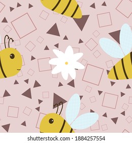 Geometric seamless pattern. Bee, daisies and geometric shapes on a pink background. A trendy mix of plants, insects and abstraction. Vector image. Flat style.