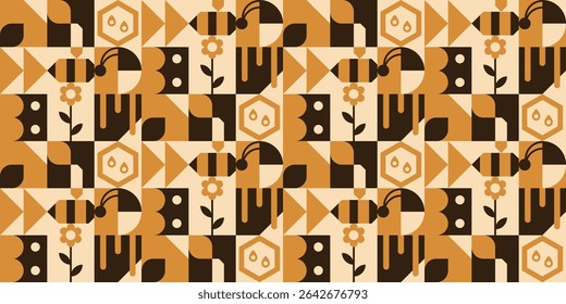 Geometric seamless pattern with bees, flowers, etc.