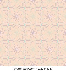Geometric seamless pattern. Beige background with violet and blue elements for wallpapers, textile and fabrics