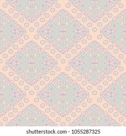 Geometric seamless pattern. Beige background with violet and blue elements for wallpapers, textile and fabrics