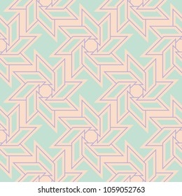 Geometric seamless pattern. Beige background with violet and blue elements for wallpapers, textile and fabrics