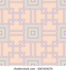 Geometric seamless pattern. Beige background with violet and blue elements for wallpapers, textile and fabrics