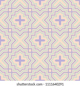 Geometric seamless pattern. Beige background with violet and blue elements for wallpapers, textile and fabrics