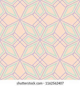 Geometric seamless pattern. Beige background with violet and blue elements for wallpapers, textile and fabrics