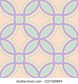 Geometric seamless pattern. Beige background with violet and blue elements for wallpapers, textile and fabrics
