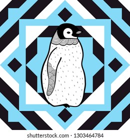 Geometric seamless pattern with bird penguit. Vector endless background with shapes and animals.